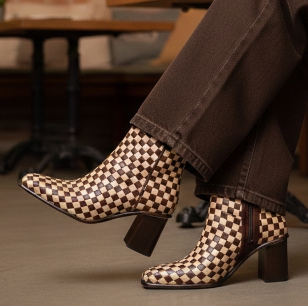 Chic Designer 6 Checkered Braided Leather Block Heel Boot New